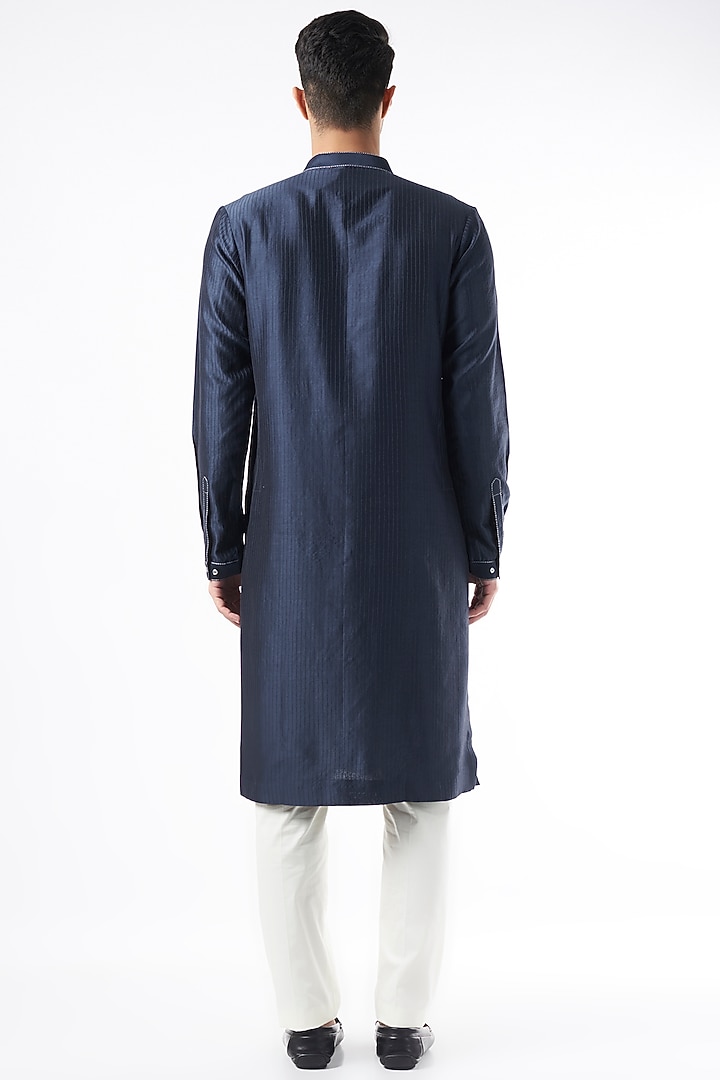 Navy Blue Chanderi Hand Embroidered Kurta Set by Countrymade at Pernia's Pop Up Shop