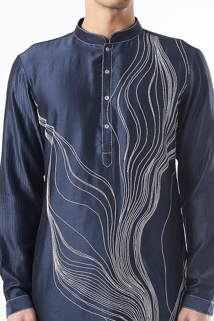 Navy Blue Chanderi Hand Embroidered Kurta Set by Countrymade at Pernia's Pop Up Shop