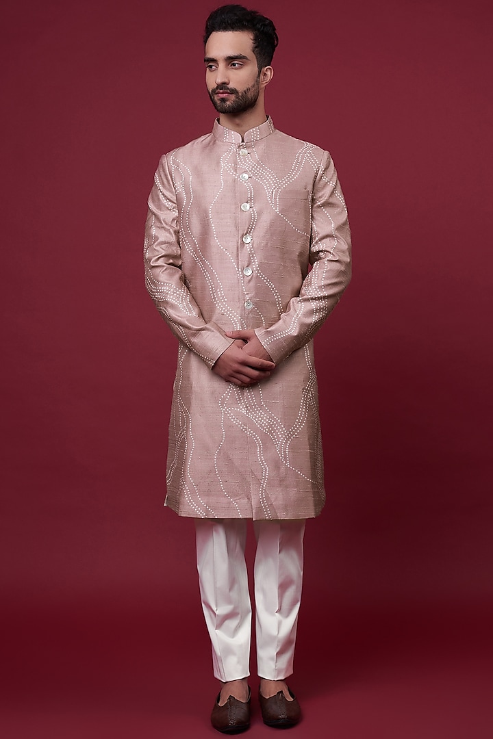 Blush Pink Cotton Silk Hand Embroidered Sherwani Set by Countrymade