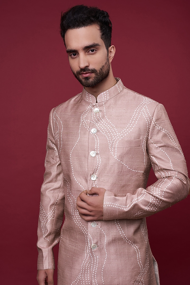 Blush Pink Cotton Silk Hand Embroidered Wedding Sherwani Set by Countrymade at Pernia's Pop Up Shop