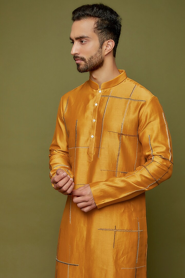 Mustard Yellow Chanderi Patch Work Kurta Set by Countrymade at Pernia's Pop Up Shop