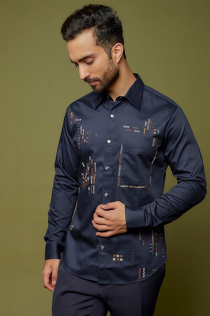 Midnight Blue Cotton Satin Thread Embroidered Party Wear Shirt by Countrymade at Pernia's Pop Up Shop