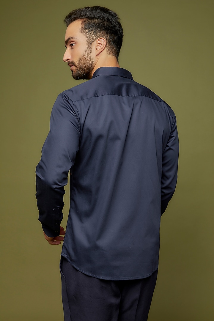Midnight Blue Cotton Satin Thread Embroidered Party Wear Shirt by Countrymade at Pernia's Pop Up Shop