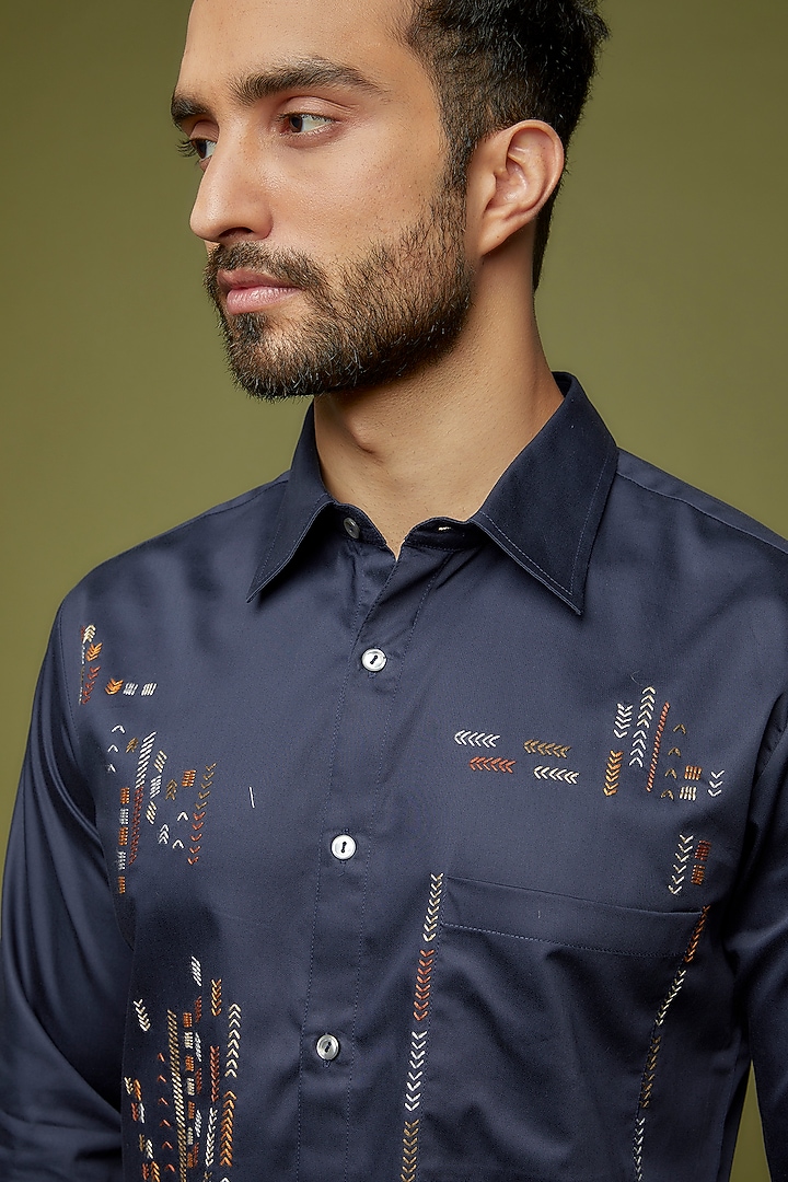 Midnight Blue Cotton Satin Thread Embroidered Party Wear Shirt by Countrymade at Pernia's Pop Up Shop
