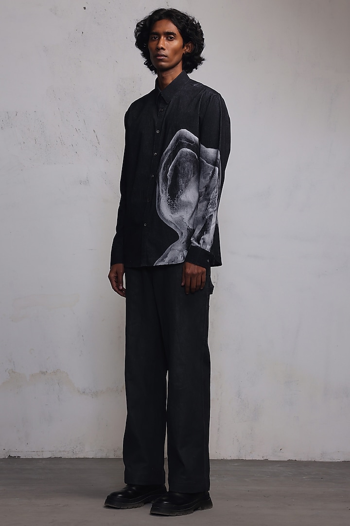 Black Corduroy Printed Shirt by Countrymade at Pernia's Pop Up Shop