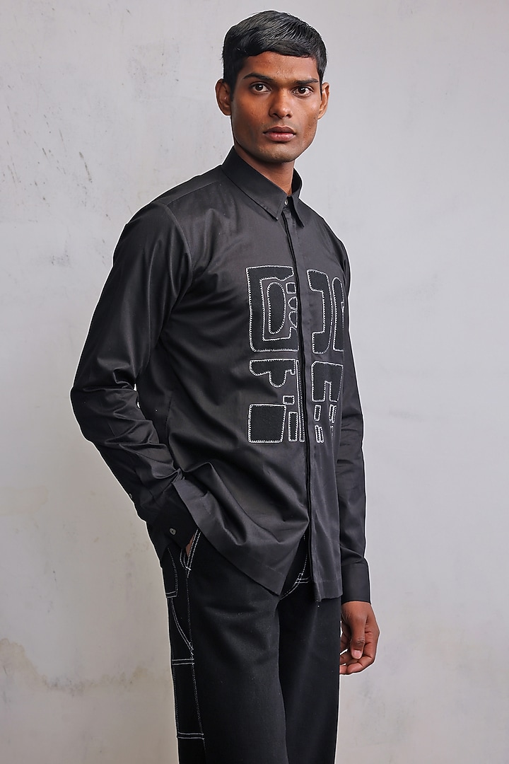 Black Cotton Satin Embroidered Shirt by Countrymade at Pernia's Pop Up Shop