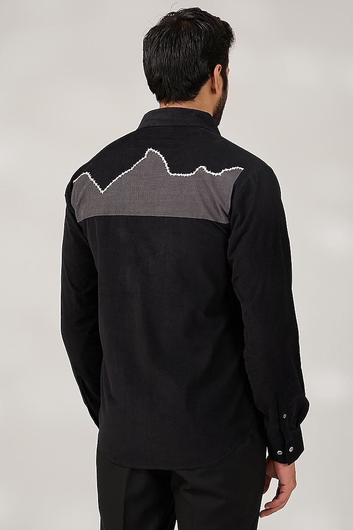 Black & Concrete Grey Cotton Corduroy Hand Embroidered Wedding Shirt by Countrymade at Pernia's Pop Up Shop