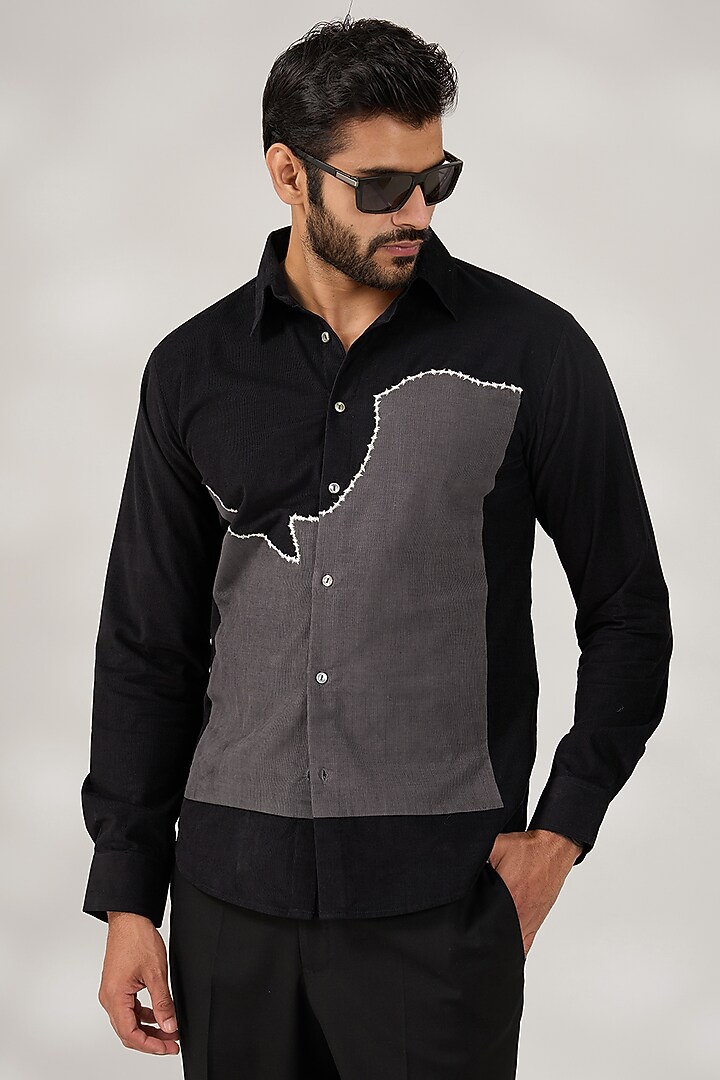 Black & Concrete Grey Cotton Corduroy Hand Embroidered Wedding Shirt by Countrymade at Pernia's Pop Up Shop