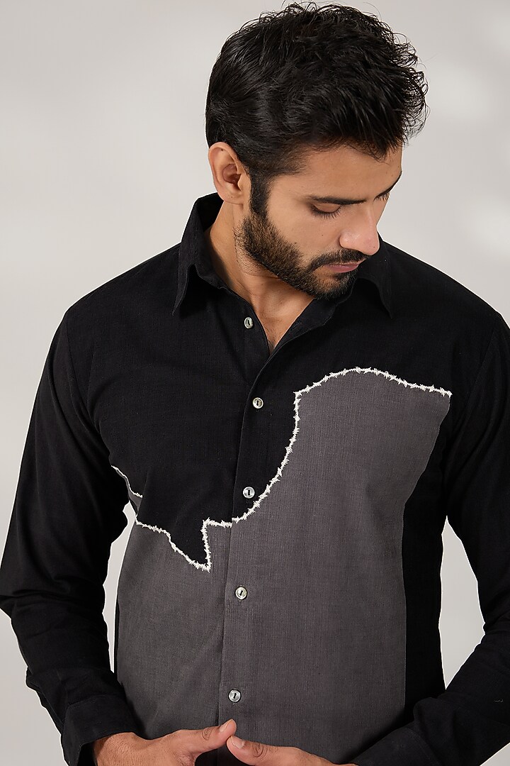 Black & Concrete Grey Cotton Corduroy Hand Embroidered Wedding Shirt by Countrymade at Pernia's Pop Up Shop