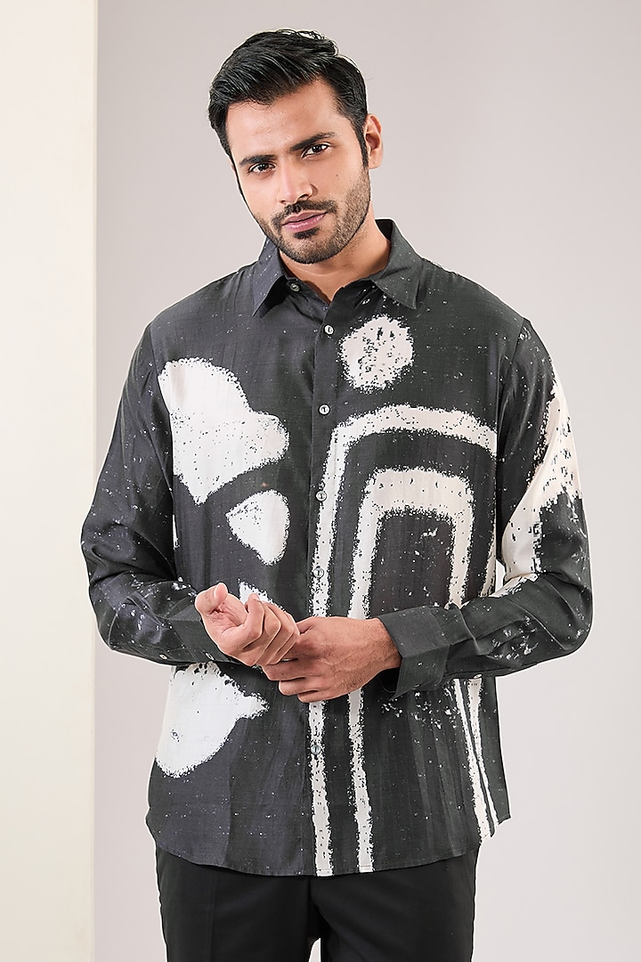 Black Silk Abstract Printed Shirt by Countrymade at Pernia's Pop Up Shop