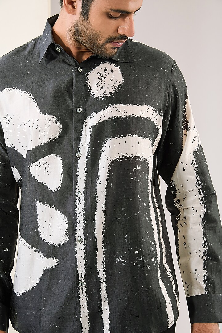 Black Silk Abstract Printed Wedding Shirt by Countrymade at Pernia's Pop Up Shop