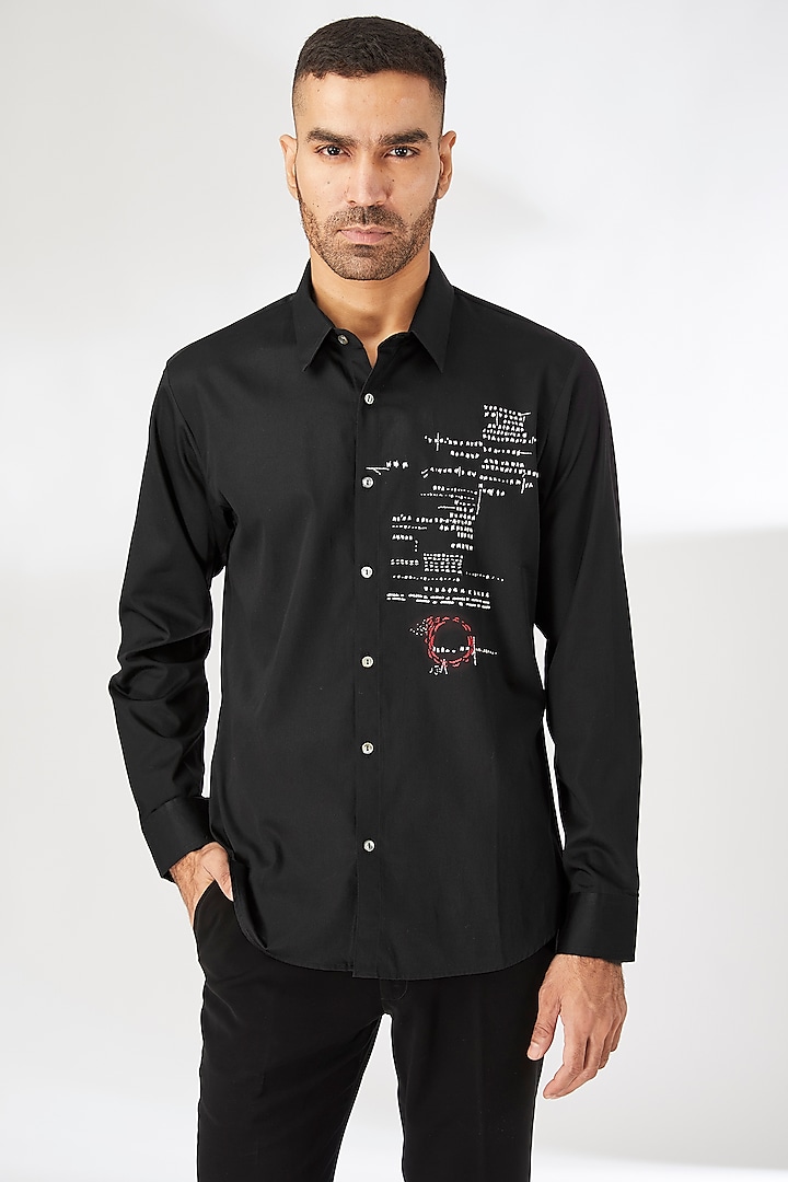 Black Cotton Satin Embroidered Shirt by Countrymade