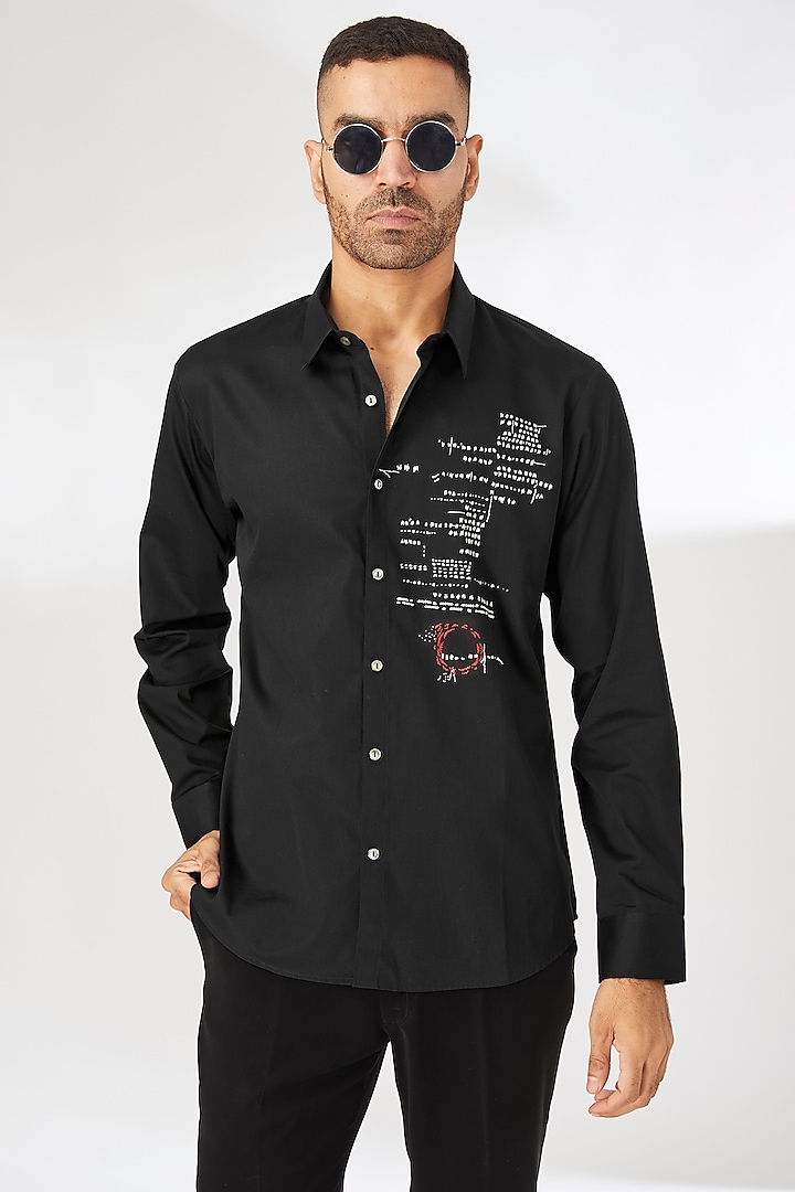 Black Cotton Satin Embroidered Party Wear Shirt by Countrymade at Pernia's Pop Up Shop