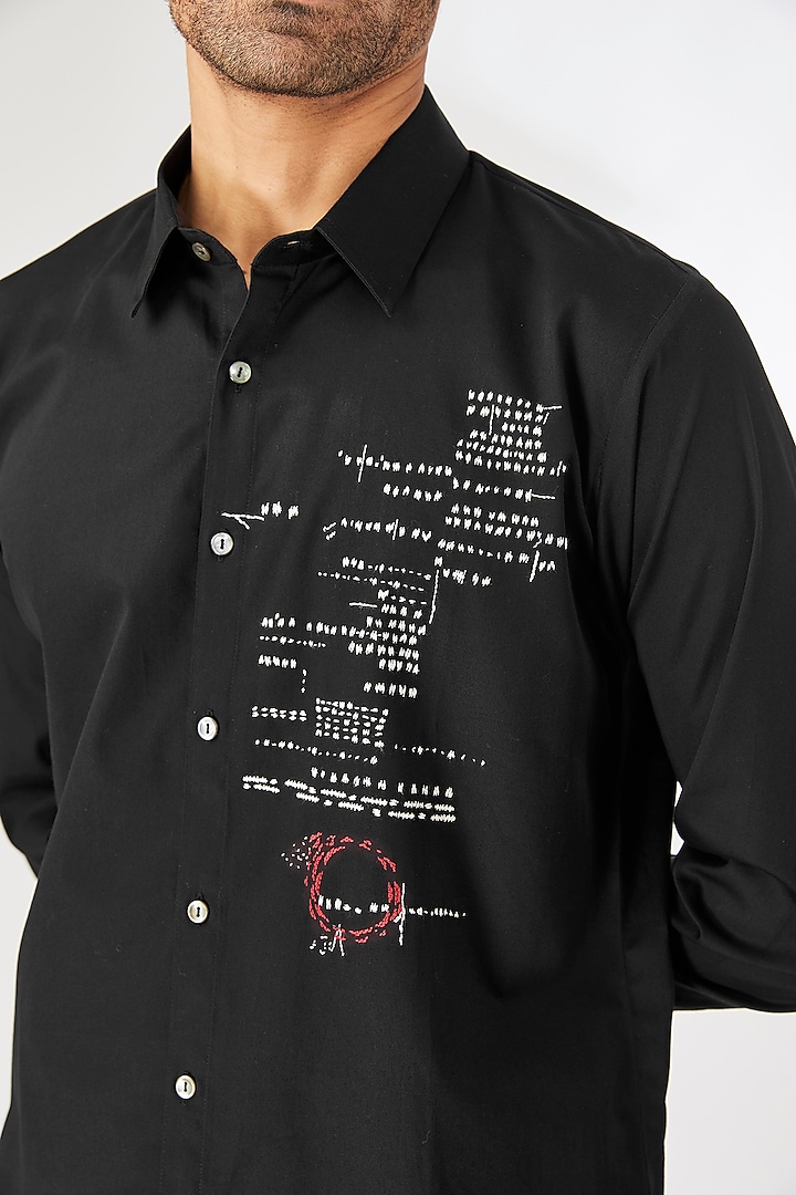 Black Cotton Satin Embroidered Party Wear Shirt by Countrymade at Pernia's Pop Up Shop