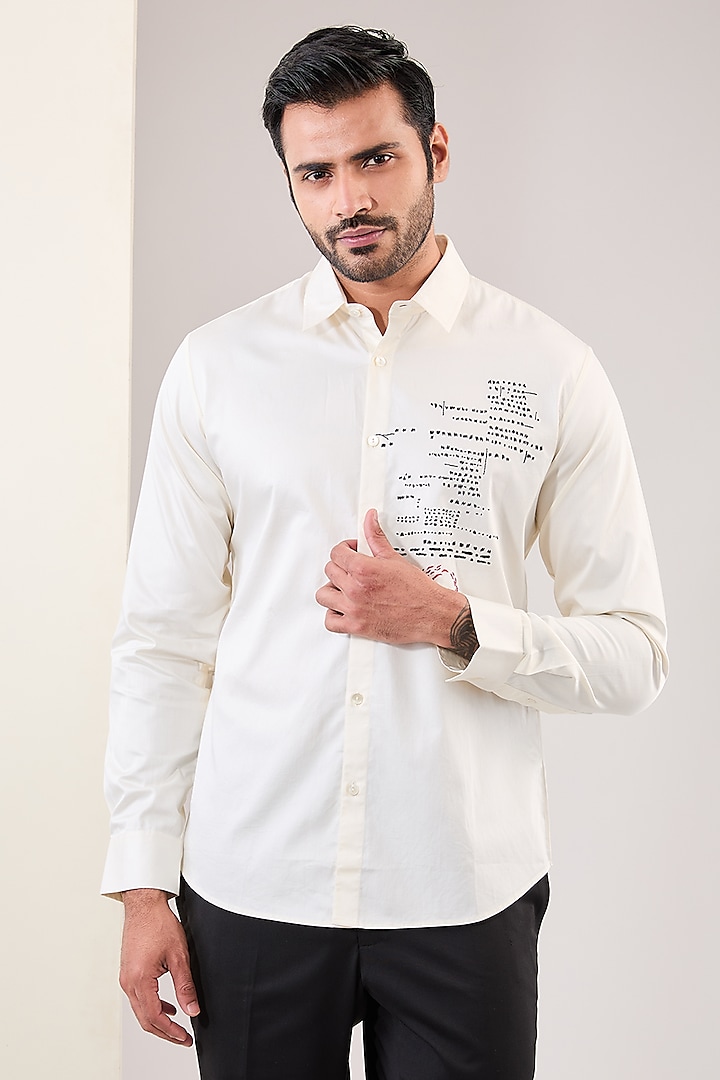 Ivory Cotton Satin Abstract Embroidered Shirt by Countrymade