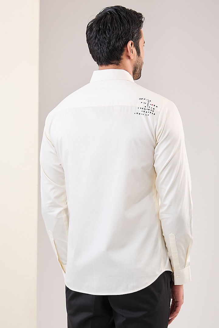 Ivory Cotton Satin Abstract Embroidered Party Wear Shirt by Countrymade at Pernia's Pop Up Shop