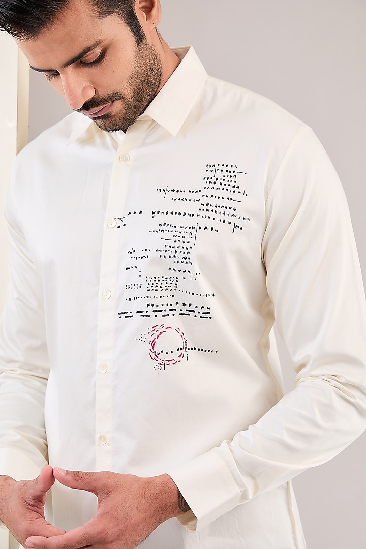Ivory Cotton Satin Abstract Embroidered Party Wear Shirt by Countrymade at Pernia's Pop Up Shop