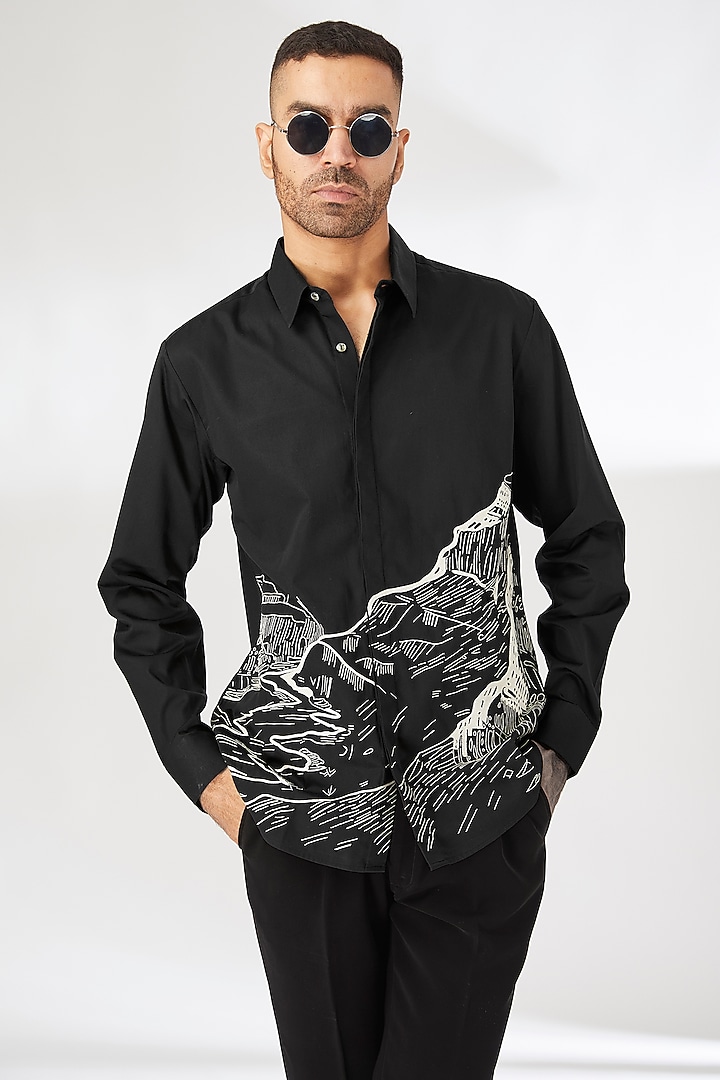 Black Cotton Satin Embroidered Party Wear Shirt by Countrymade at Pernia's Pop Up Shop