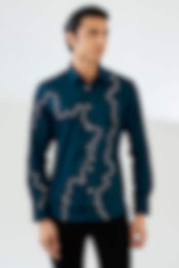 Navy Blue Cotton Satin Embroidered Party Wear Shirt by Countrymade at Pernia's Pop Up Shop