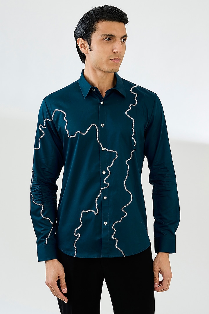 Navy Blue Cotton Satin Embroidered Party Wear Shirt by Countrymade at Pernia's Pop Up Shop