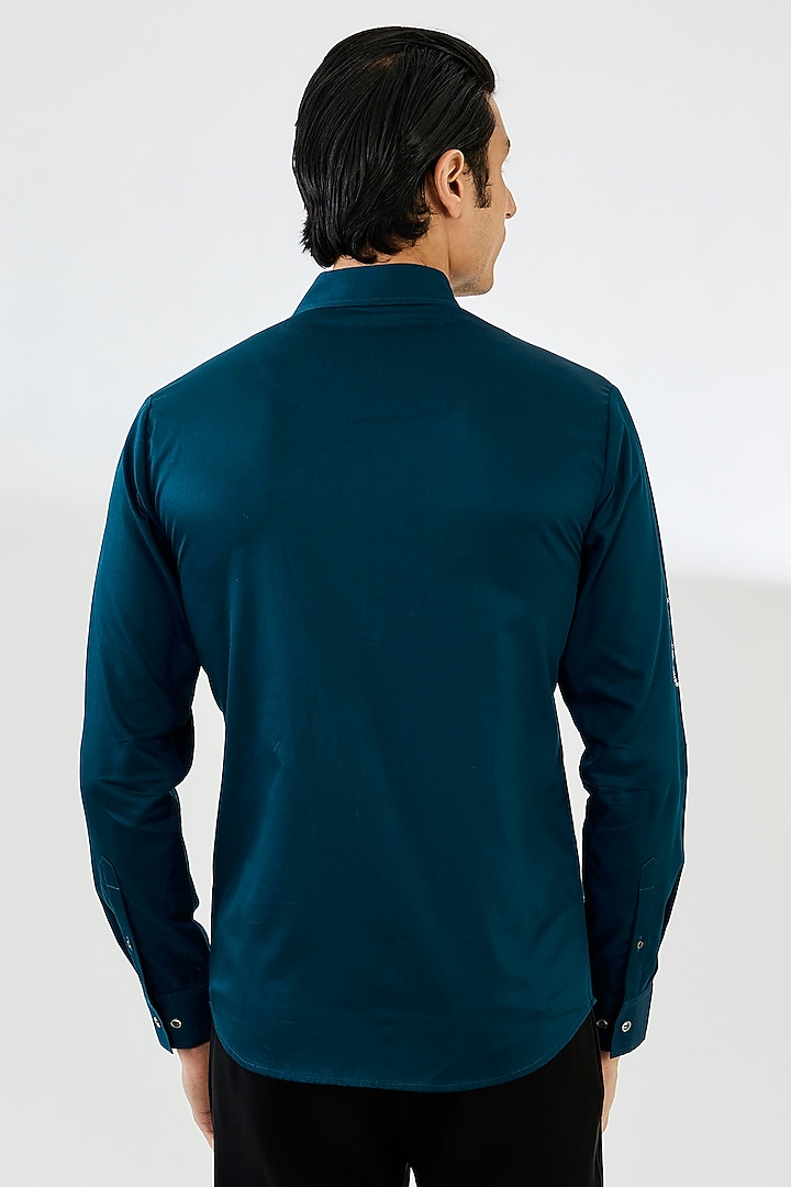 Navy Blue Cotton Satin Embroidered Party Wear Shirt by Countrymade at Pernia's Pop Up Shop
