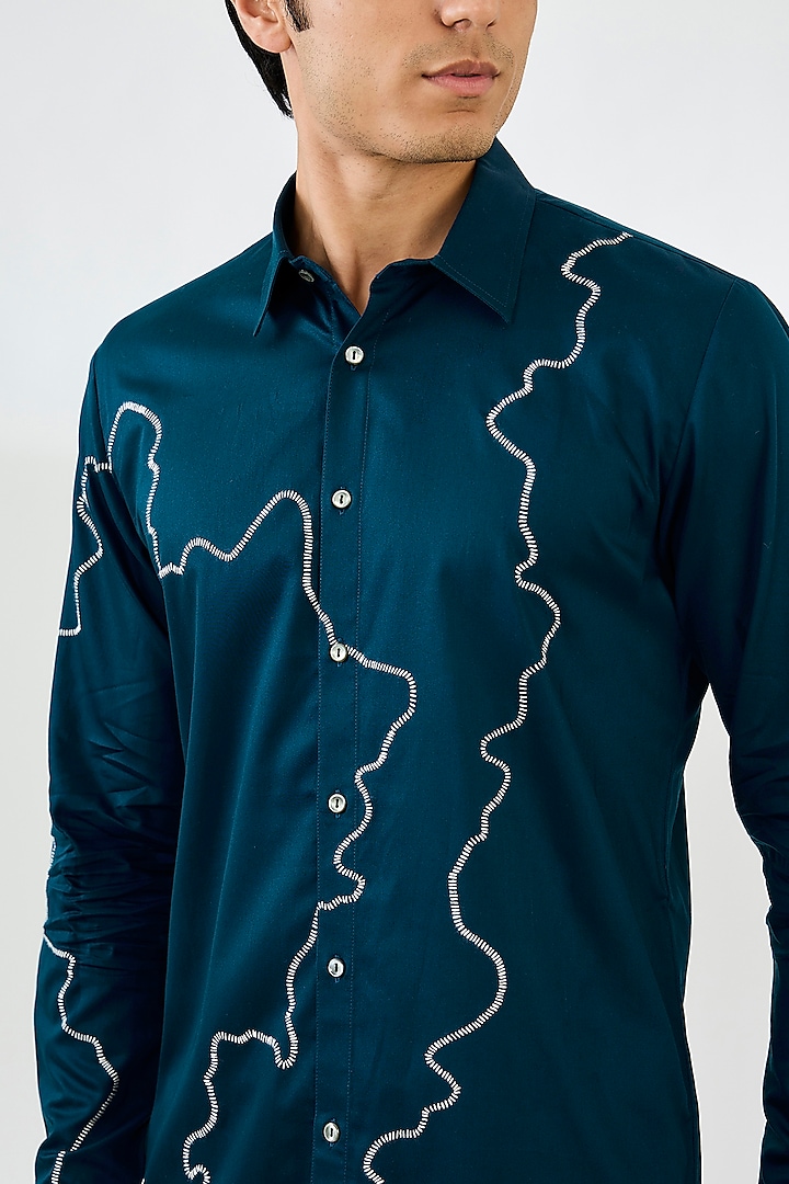 Navy Blue Cotton Satin Embroidered Party Wear Shirt by Countrymade at Pernia's Pop Up Shop