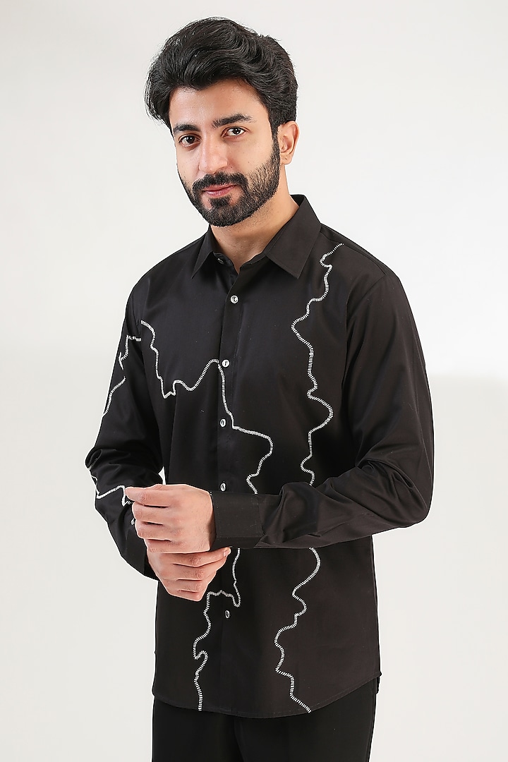 Black Cotton Satin Hand Embroidered Shirt by Countrymade