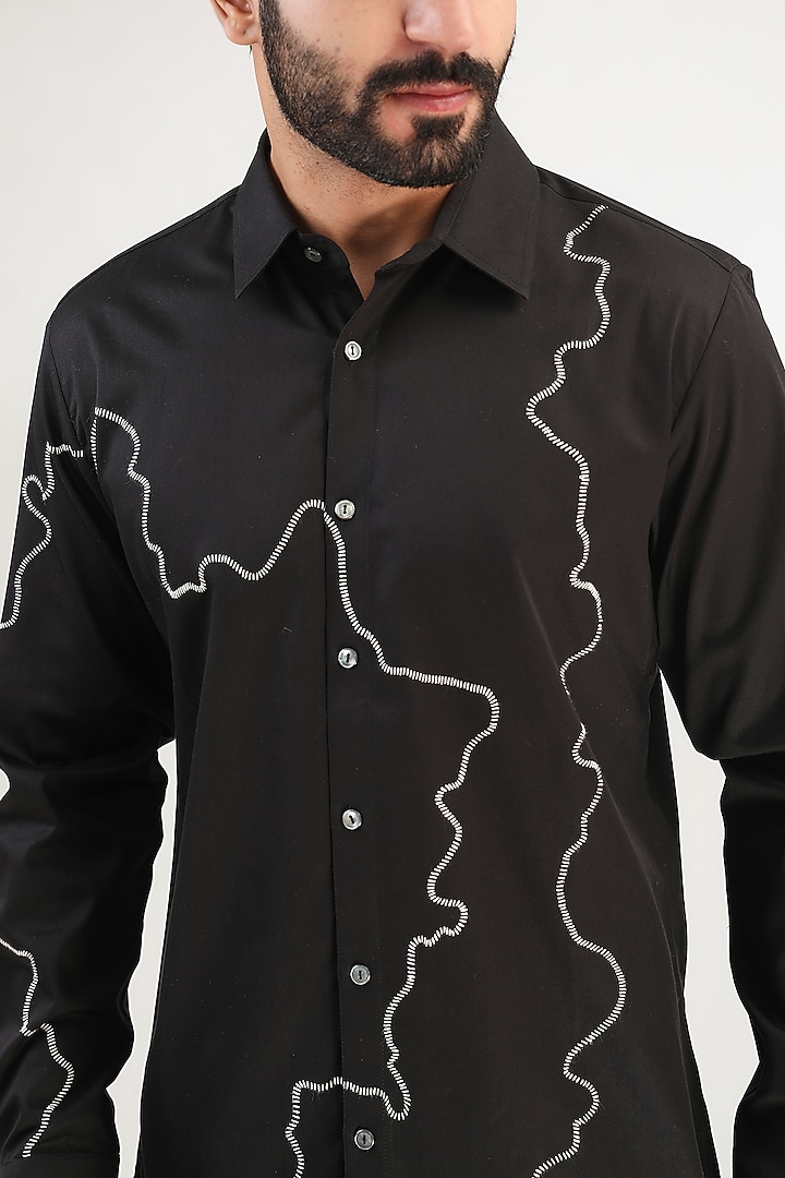 Black Cotton Satin Hand Embroidered Party Wear Shirt by Countrymade at Pernia's Pop Up Shop