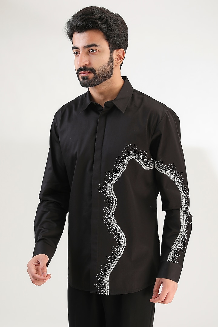 Black Cotton Satin Hand Embroidered Shirt by Countrymade