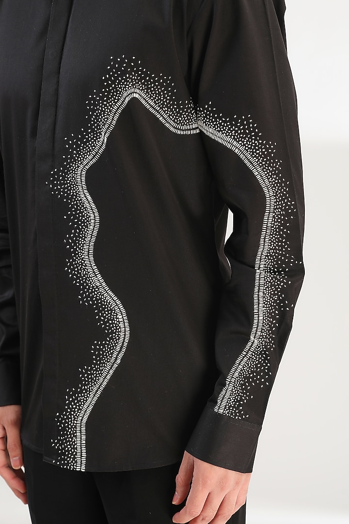 Black Cotton Satin Hand Embroidered Party Wear Shirt by Countrymade at Pernia's Pop Up Shop