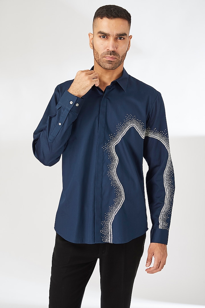 Navy Blue Cotton Satin Embroidered Shirt by Countrymade