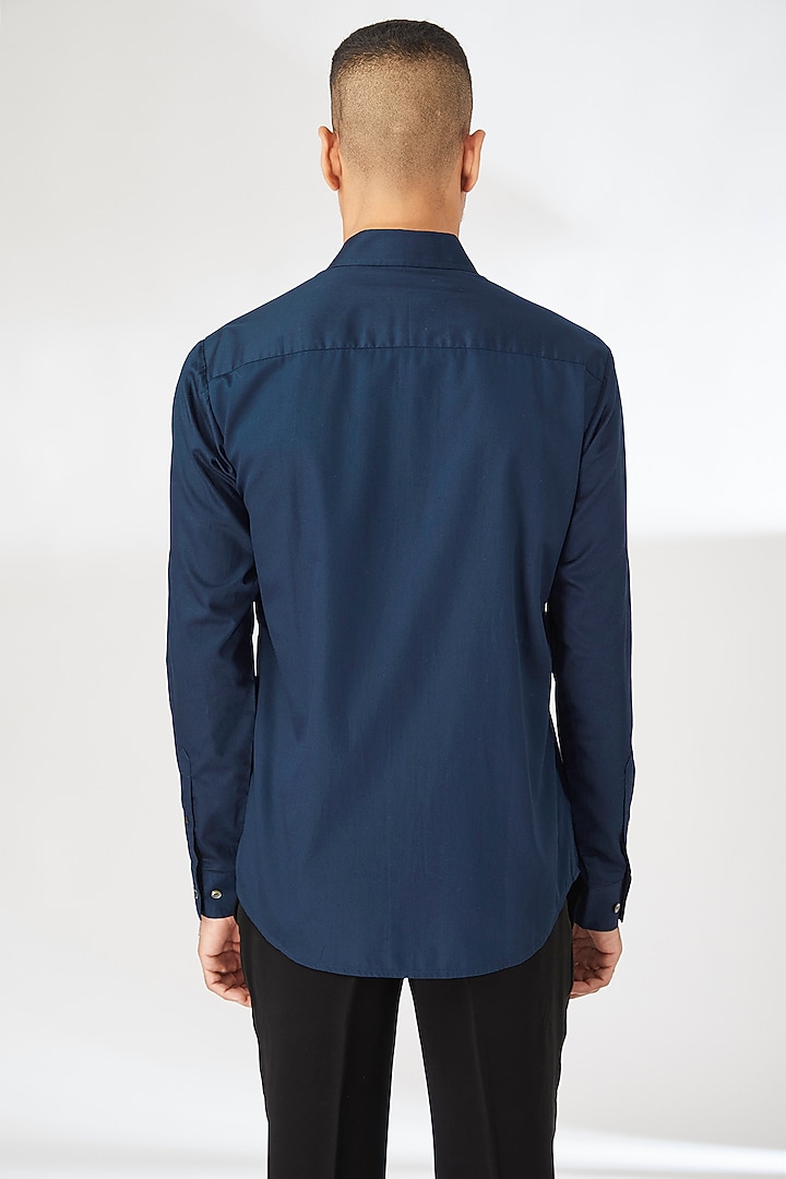 Navy Blue Cotton Satin Embroidered Party Wear Shirt by Countrymade at Pernia's Pop Up Shop
