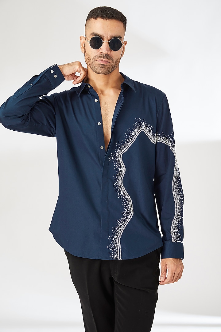 Navy Blue Cotton Satin Embroidered Party Wear Shirt by Countrymade at Pernia's Pop Up Shop