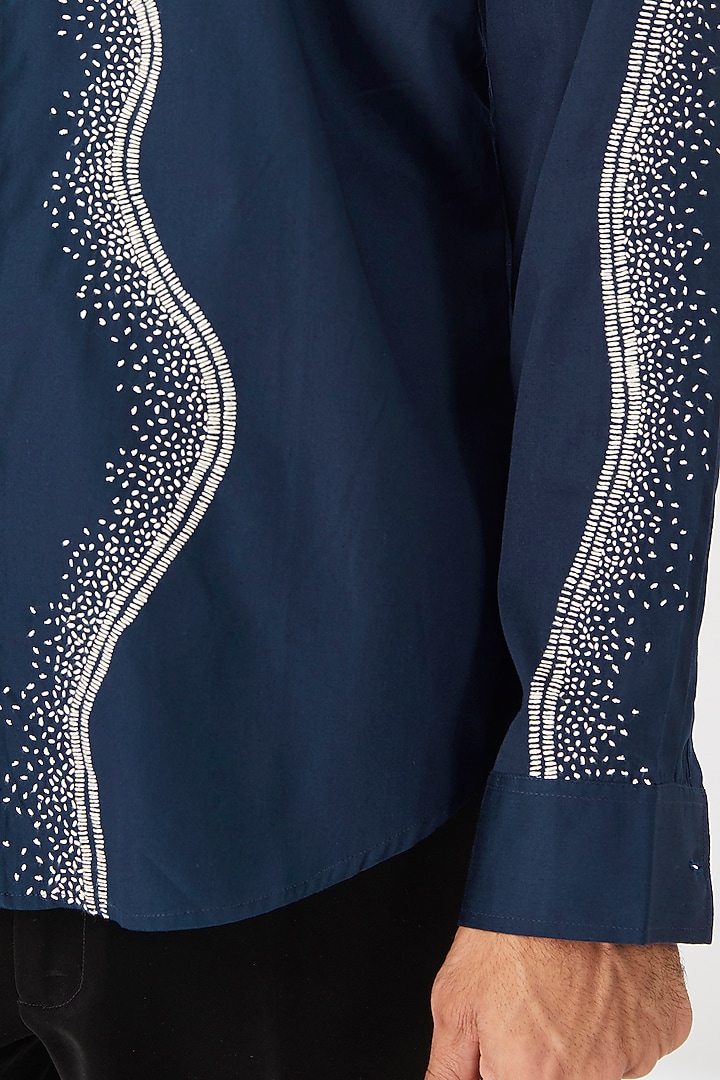 Navy Blue Cotton Satin Embroidered Party Wear Shirt by Countrymade at Pernia's Pop Up Shop