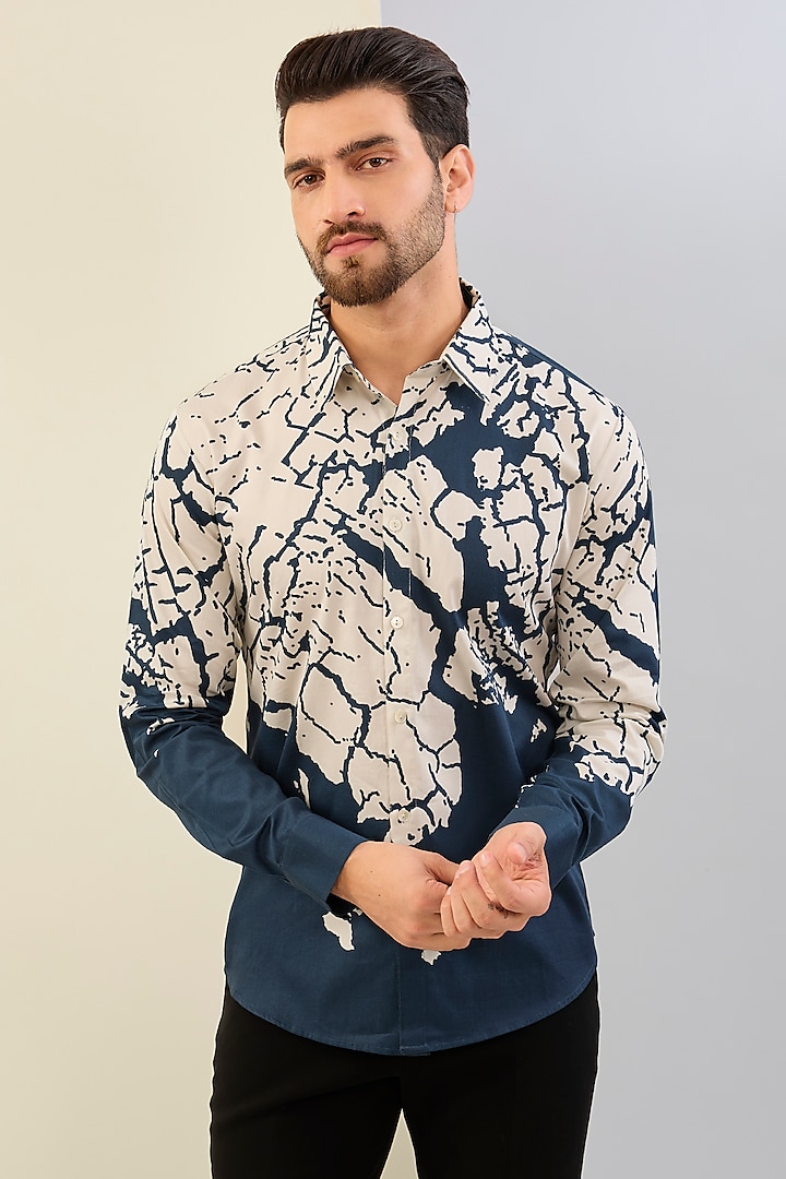 Navy Cotton Satin Printed Shirt by Countrymade at Pernia's Pop Up Shop