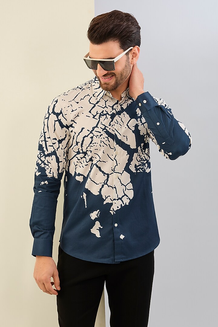 Navy Cotton Satin Printed Shirt by Countrymade at Pernia's Pop Up Shop