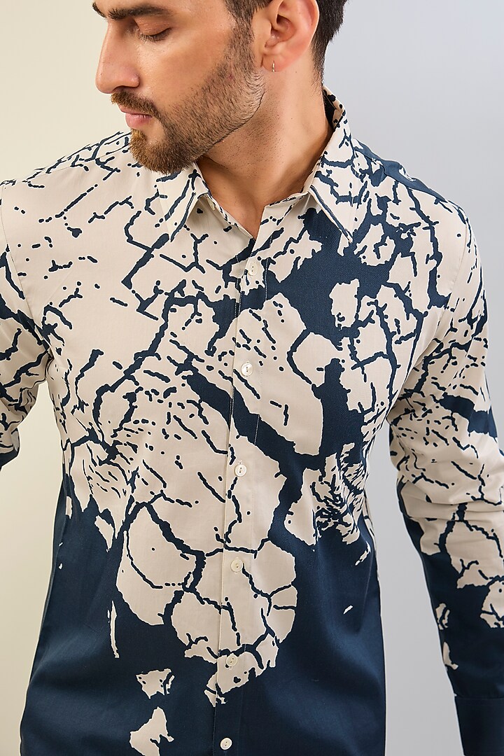Navy Cotton Satin Printed Shirt by Countrymade at Pernia's Pop Up Shop