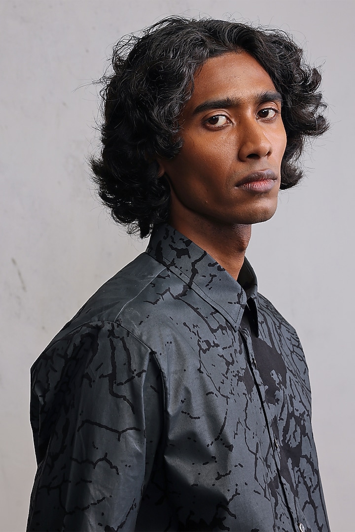 Black Cotton Satin Printed Party Wear Shirt by Countrymade at Pernia's Pop Up Shop