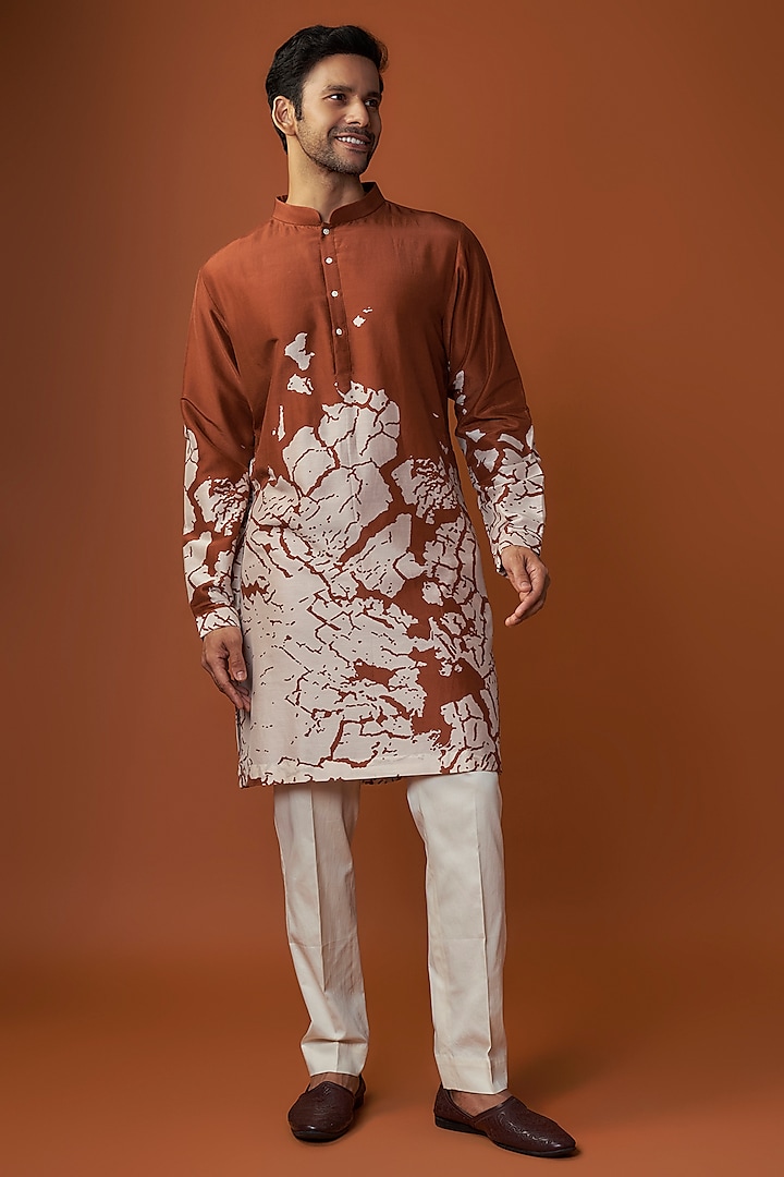 Rust Cotton Printed Kurta Set by Countrymade