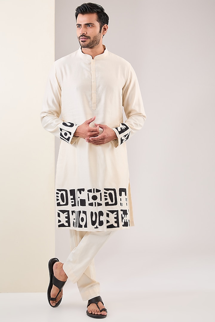 Cream Chanderi Embroidered Kurta Set by Countrymade