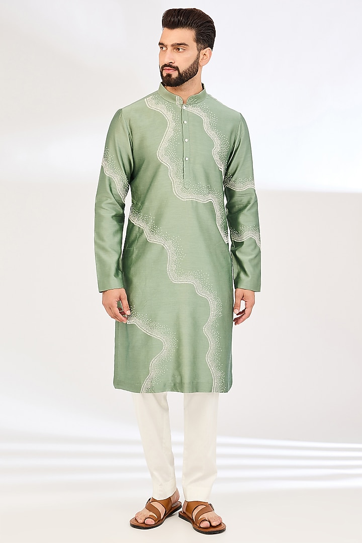 Sage Green Chanderi Embroidered Kurta Set by Countrymade at Pernia's Pop Up Shop