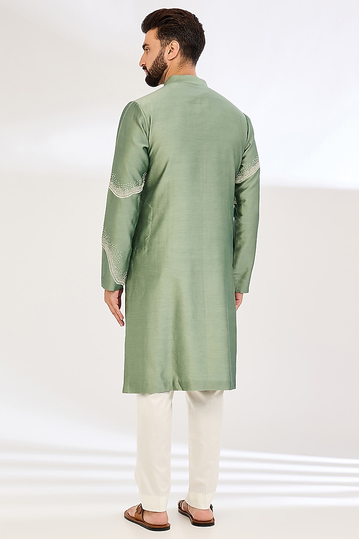 Sage Green Chanderi Embroidered Kurta Set by Countrymade at Pernia's Pop Up Shop