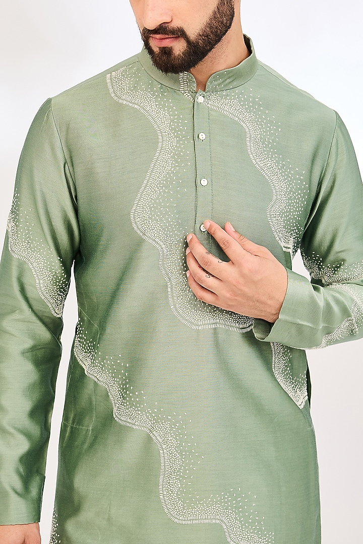 Sage Green Chanderi Embroidered Kurta Set by Countrymade at Pernia's Pop Up Shop