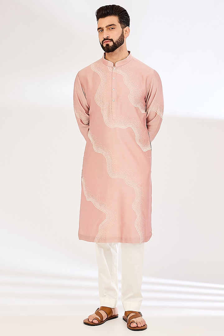 Onion Pink Chanderi Embroidered Kurta Set by Countrymade