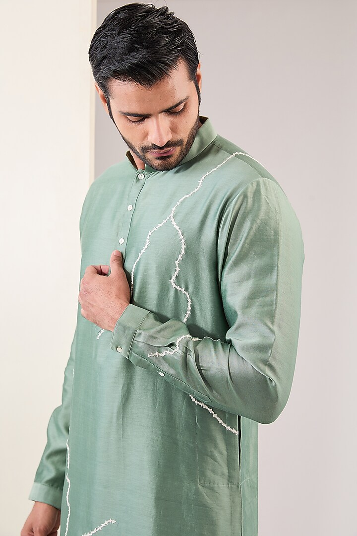 Mint Chanderi Embroidered Kurta Set by Countrymade at Pernia's Pop Up Shop