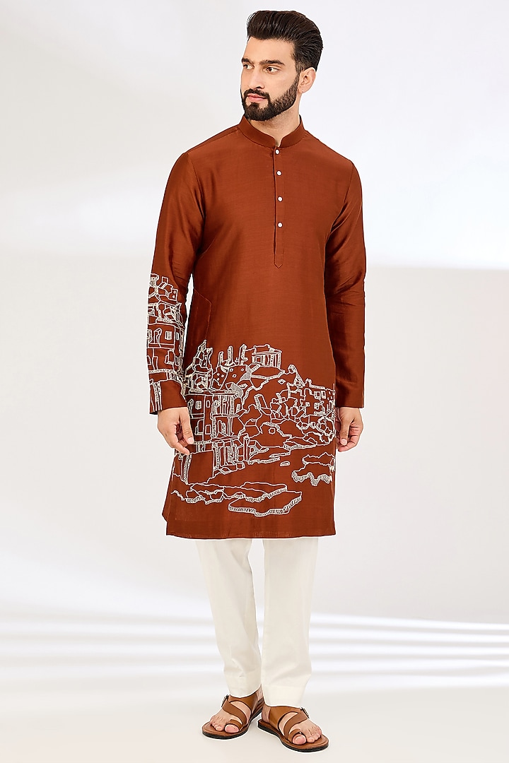 Bright Rust Chanderi Embroidered Kurta Set by Countrymade