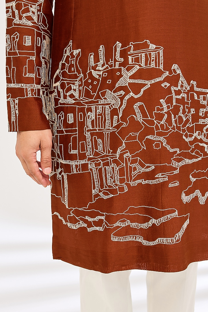 Bright Rust Chanderi Embroidered Kurta Set by Countrymade at Pernia's Pop Up Shop
