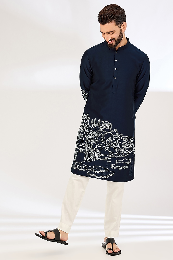 Navy Blue Chanderi Embroidered Kurta Set by Countrymade at Pernia's Pop Up Shop