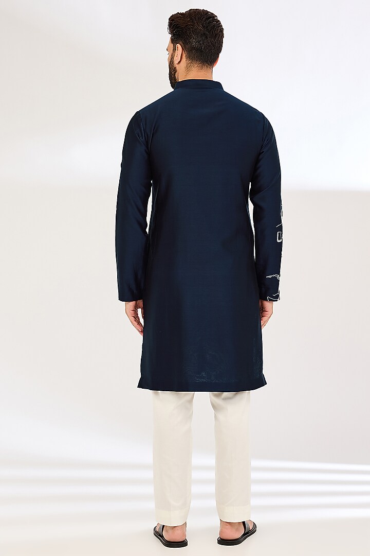 Navy Blue Chanderi Embroidered Kurta Set by Countrymade at Pernia's Pop Up Shop