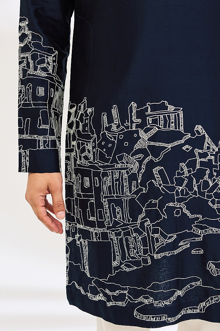 Navy Blue Chanderi Embroidered Kurta Set by Countrymade at Pernia's Pop Up Shop